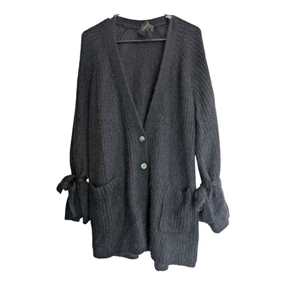 Naadam Black Mohair Wool Bow Sleeve Flowy Drapey Cardigan Sweater L - Picture 13 of 15